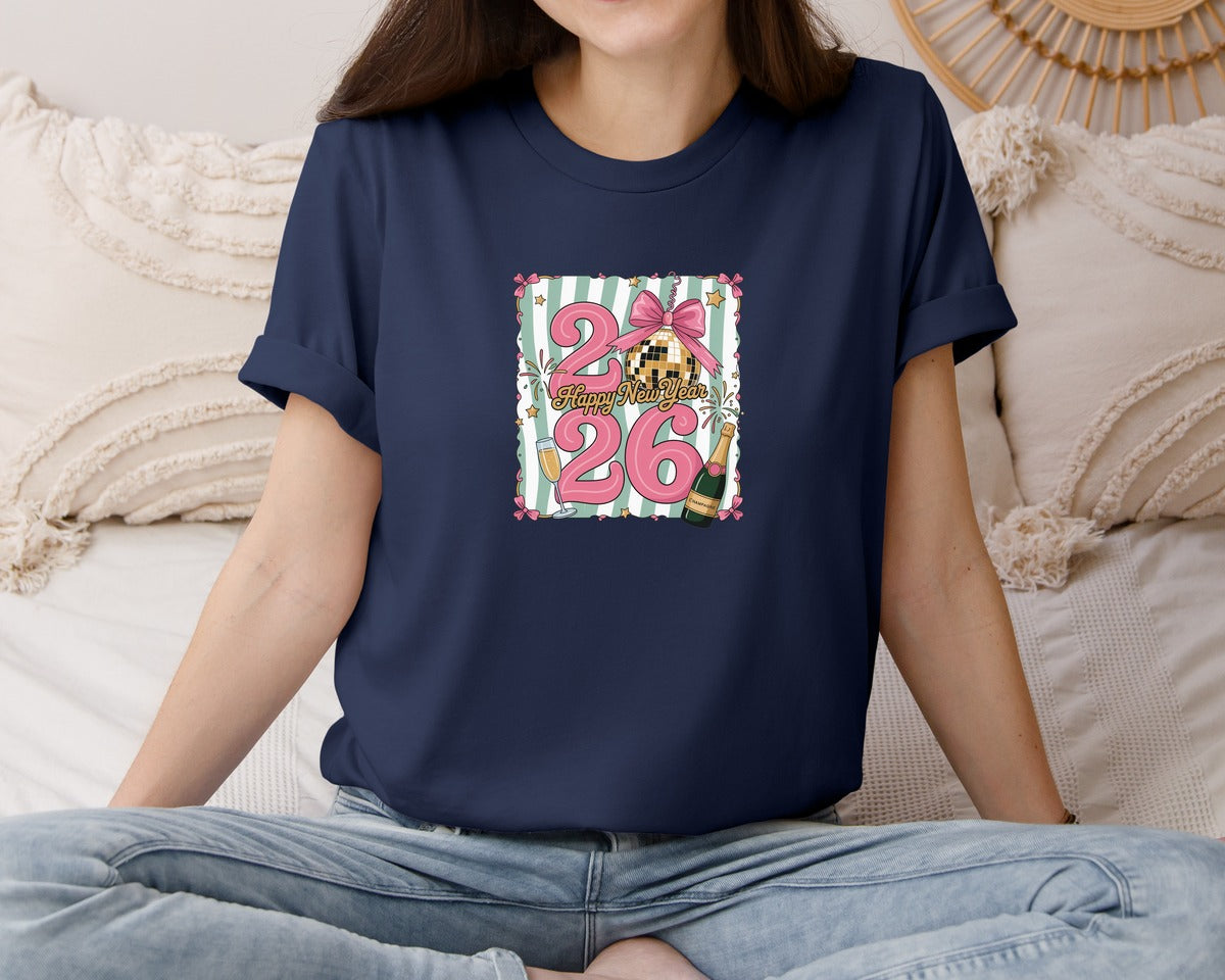 brand:Bella Canvas|color:Navy|Happy New Year 2026 Disco Ball Bow Graphic T-Shirt