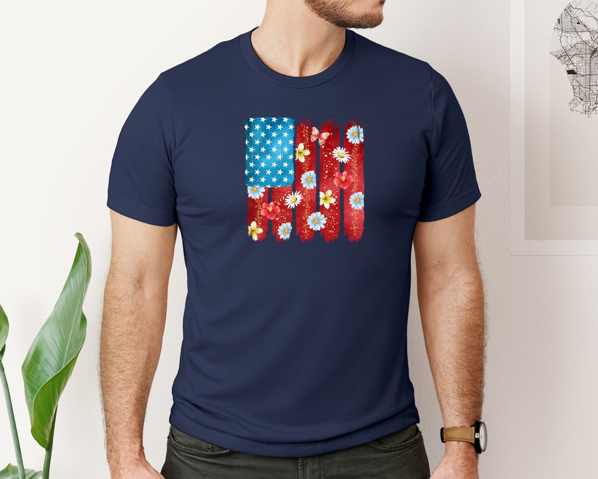 brand:Bella Canvas|color:Navy|Floral American Flag 4Th Of July 4 Graphic T-Shirt