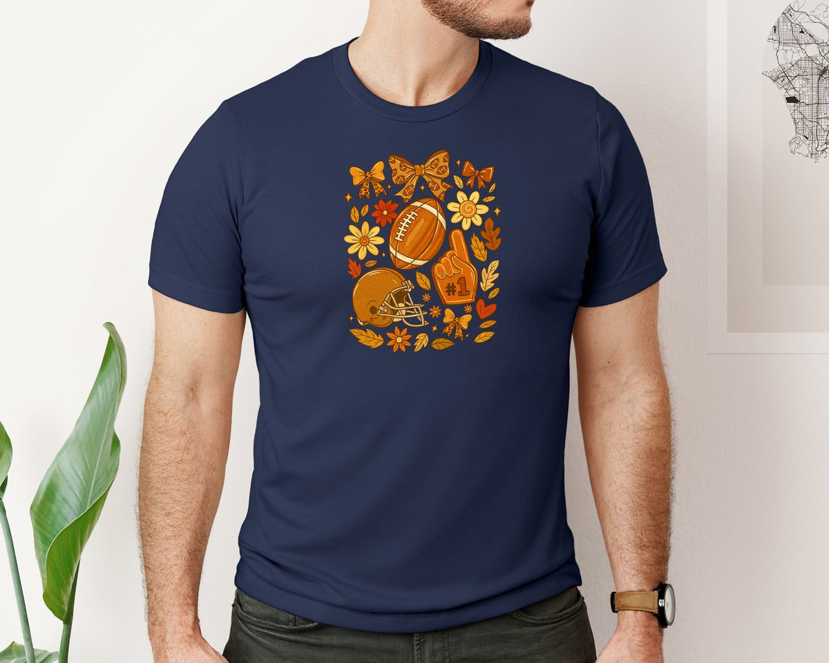 brand:Bella Canvas|color:Navy|Football Fall Floral Football Bow Graphic T-Shirt