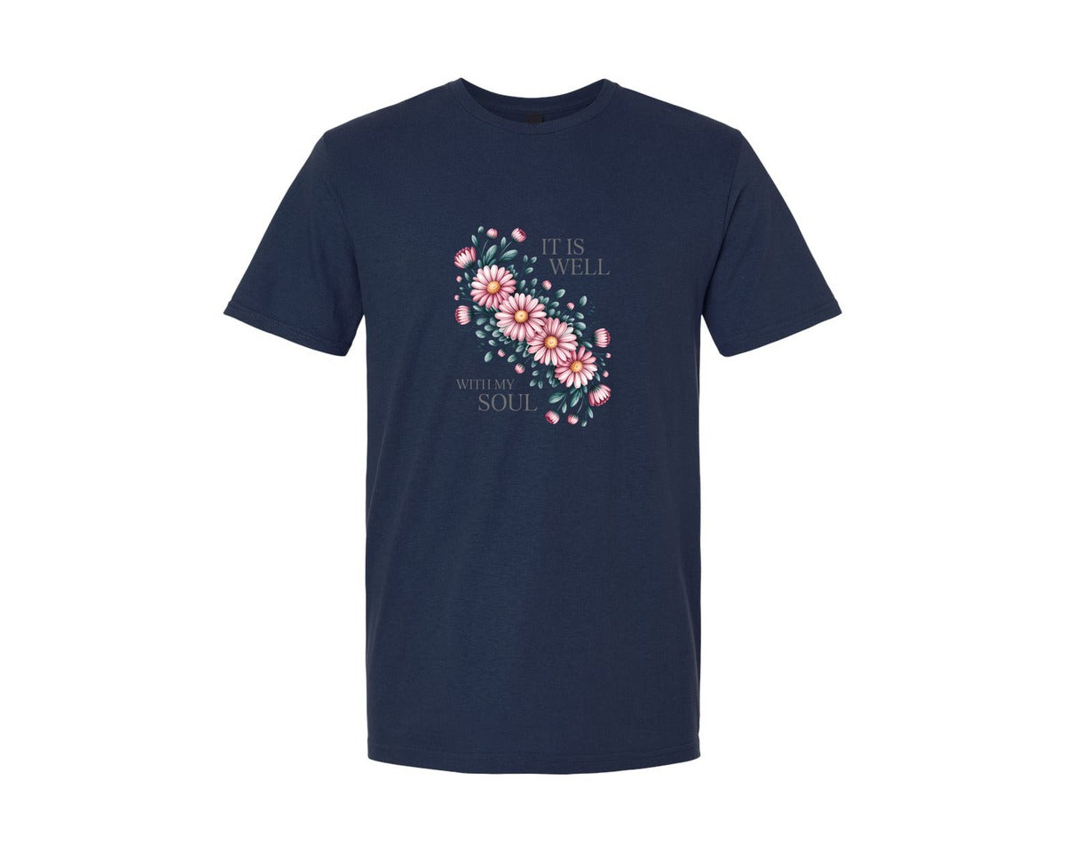 brand:Generic|color:Navy|It Is Well With My Soul Floral Shirt Graphic T-Shirt