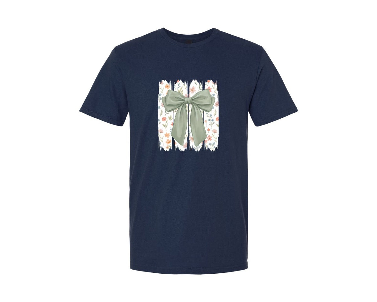 brand:Generic|color:Navy|Sage Green Floral Bow Watercolor Graphic T-Shirt