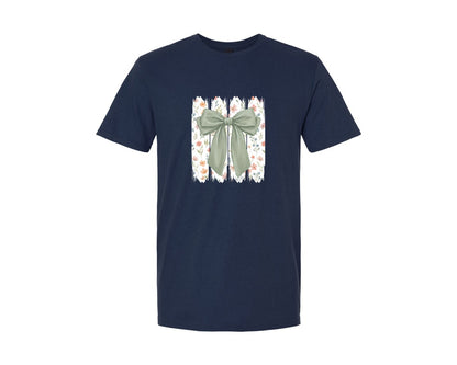 brand:Generic|color:Navy|Sage Green Floral Bow Watercolor Graphic T-Shirt
