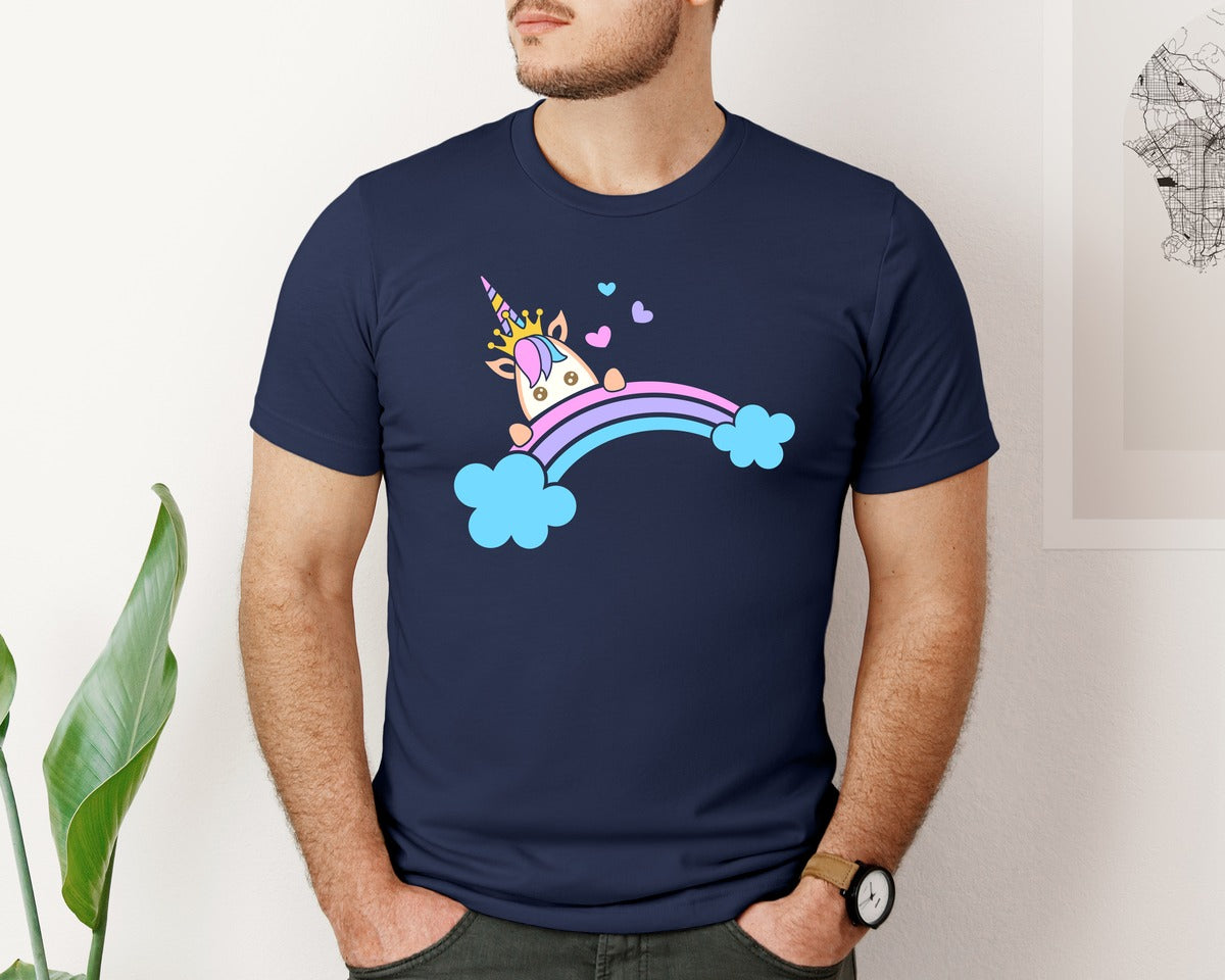 brand:Bella Canvas|color:Navy|Princess Unicorn With Rainbow Graphic T-Shirt