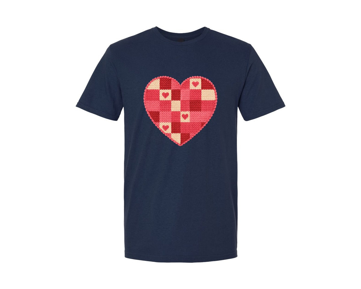 brand:Generic|color:Navy|Crochet Patchwork Heart Quilted Graphic T-Shirt