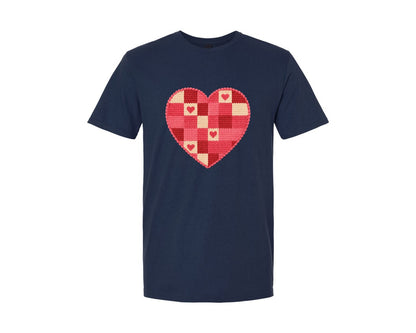 brand:Generic|color:Navy|Crochet Patchwork Heart Quilted Graphic T-Shirt