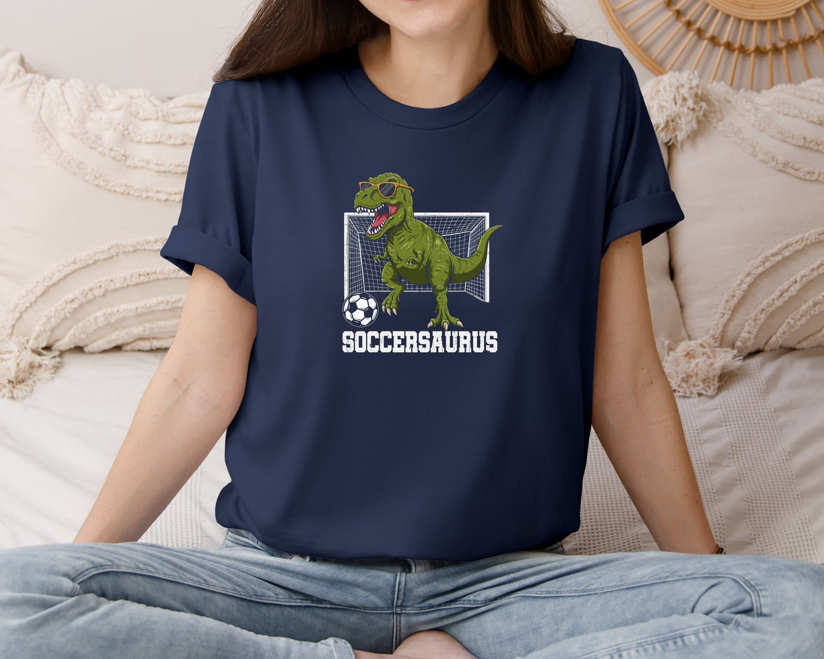 brand:Bella Canvas|color:Navy|T Rex Playing Soccer T Shirt Graphic T-Shirt