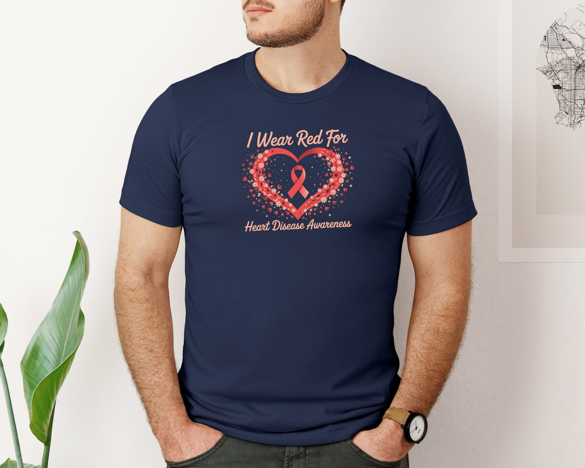 brand:Bella Canvas|color:Navy|I Wear Red For Heart Disease Awareness Graphic T-Shirt