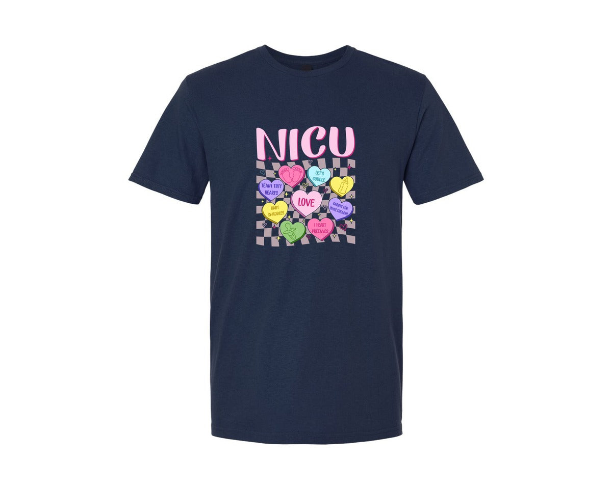 brand:Generic|color:Navy|Nicu Candy Hearts Valentine Nurse Graphic T-Shirt