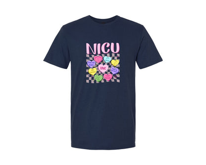brand:Generic|color:Navy|Nicu Candy Hearts Valentine Nurse Graphic T-Shirt