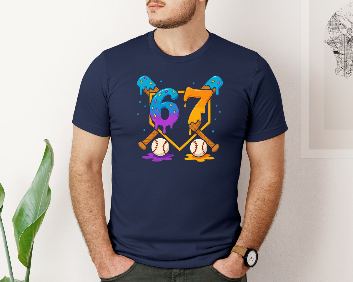 brand:Bella Canvas|color:Navy|Color Splash 67 Birthday Gnome Design Graphic T-Shirt