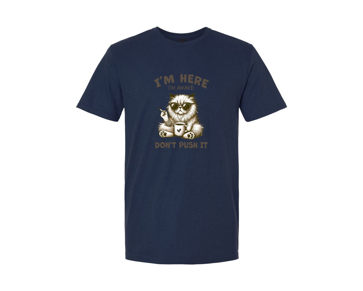 brand:Generic|color:Navy|Funny Cat Sarcastic Im Here Im Awake Graphic T-Shirt