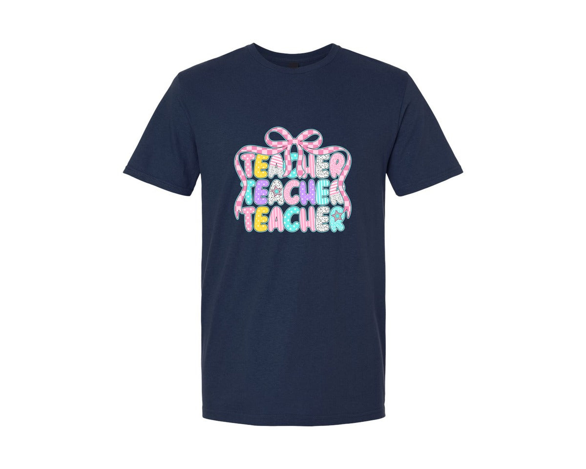 brand:Generic|color:Navy|Preppy Teacher Coquette Bow Back To Graphic T-Shirt