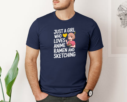 brand:Bella Canvas|color:Navy|Just A Girl Who Loves Anime Ramen And 2 Graphic T-Shirt