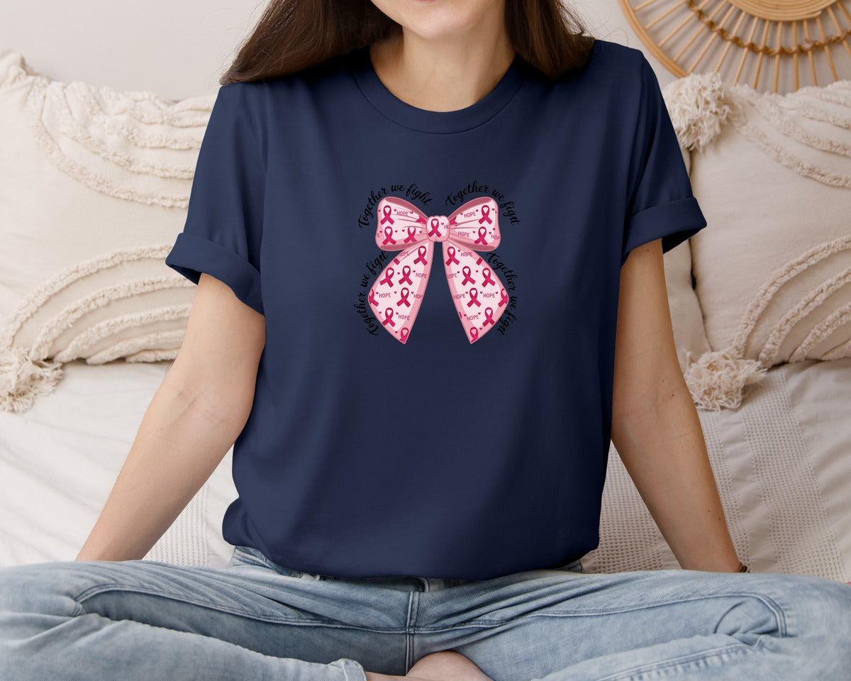 brand:Bella Canvas|color:Navy|Breast Cancer Together We Fight Coquette Graphic T-Shirt
