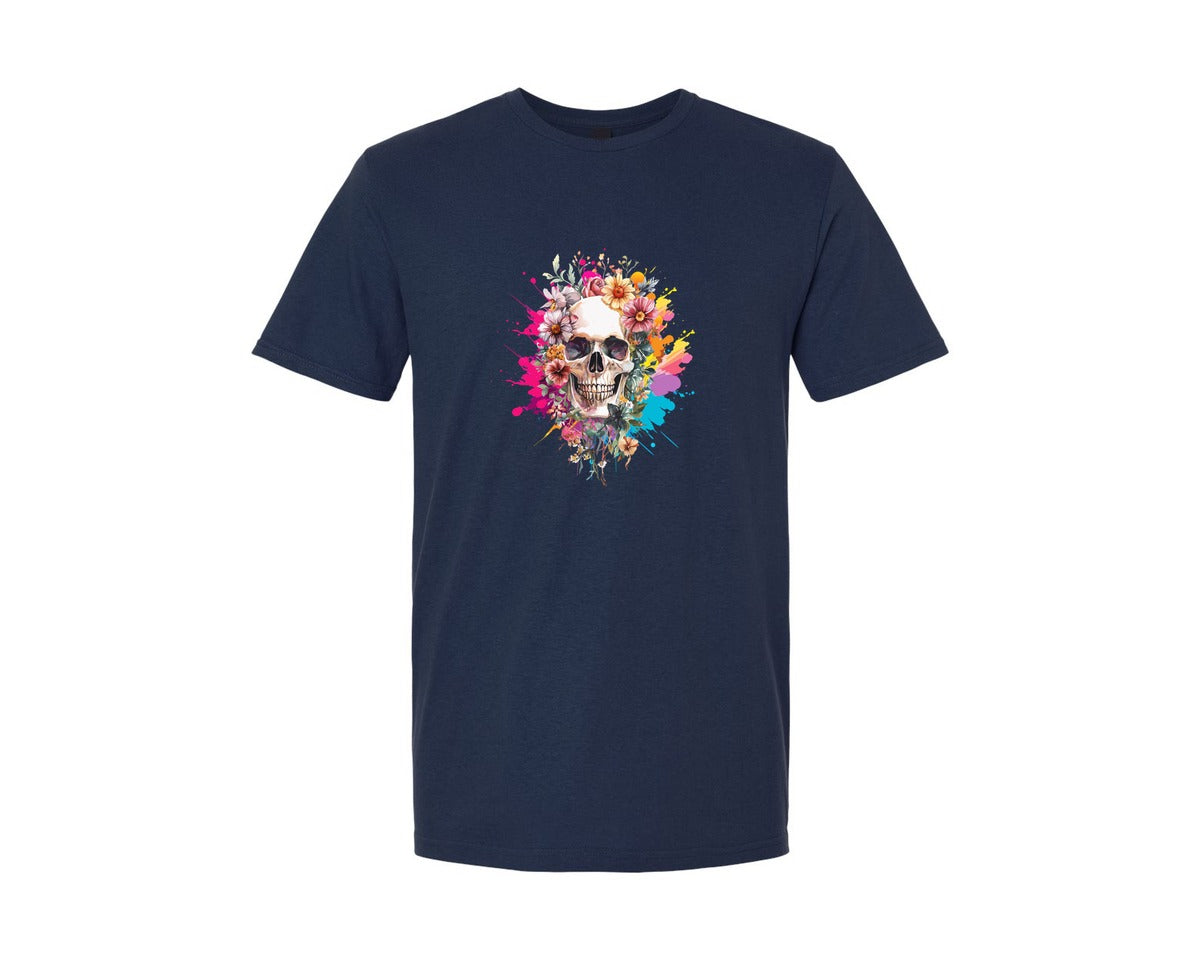 brand:Generic|color:Navy|Floral Skull Watercolor Skull Shirt Graphic T-Shirt