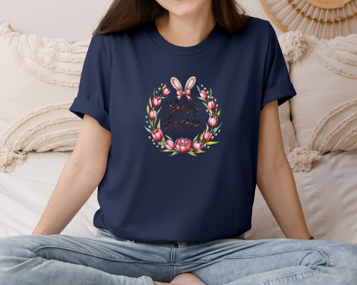 brand:Bella Canvas|color:Navy|Floral Easter Wreath With Bunny Ears Graphic T-Shirt