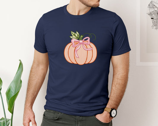 Preppy Pumpkin Bow Faux Embroidery Graphic T-Shirt