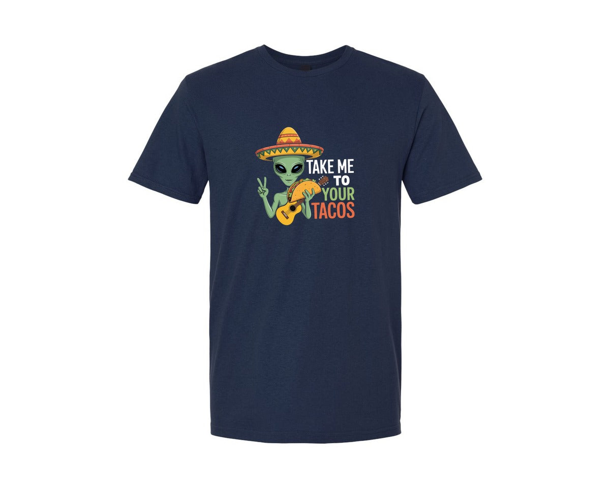 brand:Generic|color:Navy|Take Me To Your Tacos Funny Alien Graphic T-Shirt