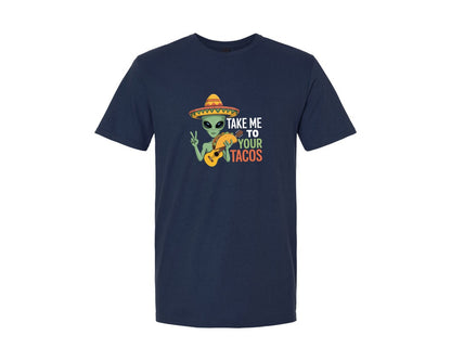 brand:Generic|color:Navy|Take Me To Your Tacos Funny Alien Graphic T-Shirt