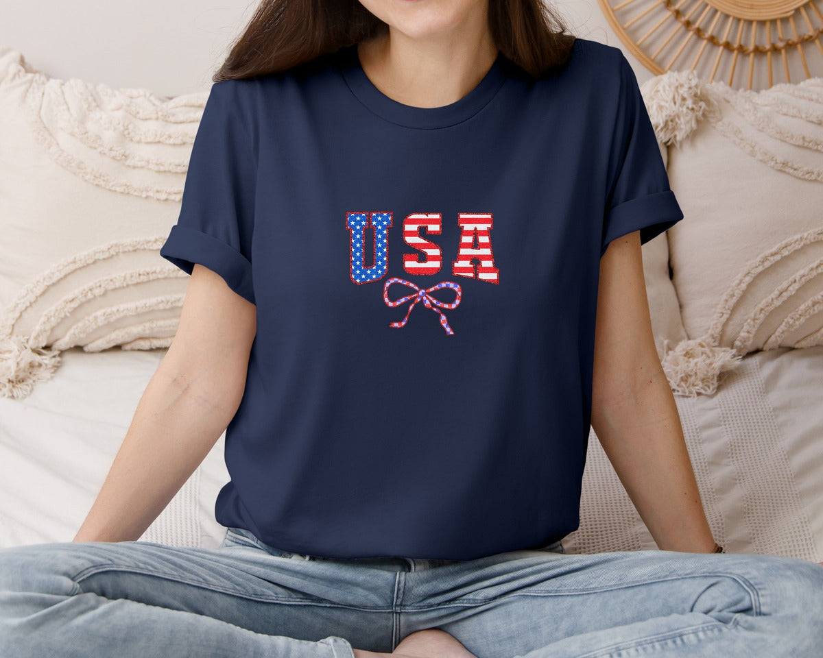 brand:Bella Canvas|color:Navy|Preppy Usa Coquette 4Th Of July Graphic T-Shirt
