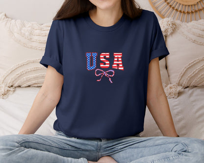 brand:Bella Canvas|color:Navy|Preppy Usa Coquette 4Th Of July Graphic T-Shirt