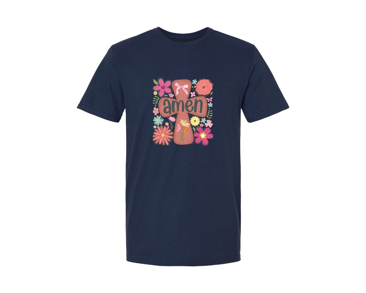 brand:Generic|color:Navy|Boho Floral Amen Christian Graphic T-Shirt