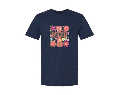 brand:Generic|color:Navy|Boho Floral Amen Christian Graphic T-Shirt