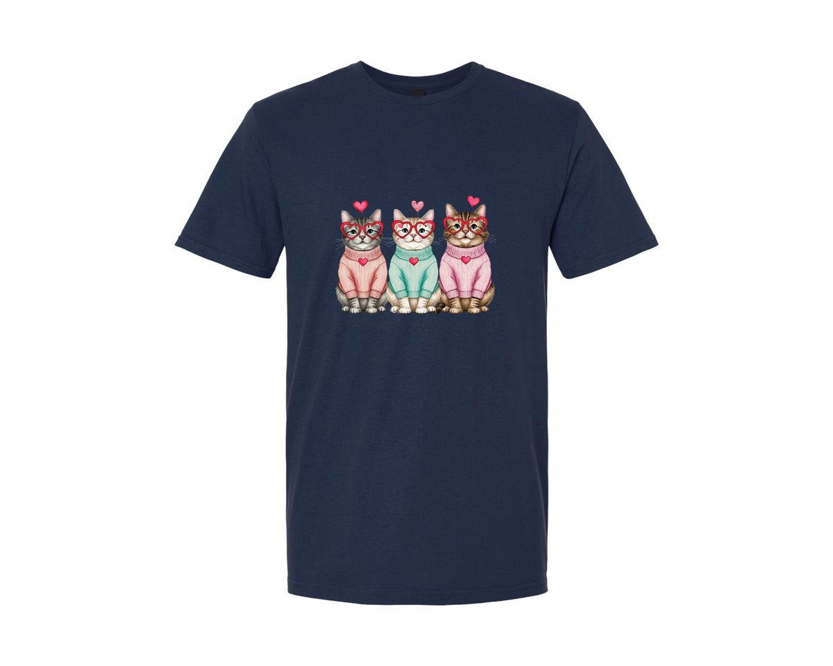 brand:Generic|color:Navy|Valentiness Day Vintage Sweater Cats Pn Graphic T-Shirt
