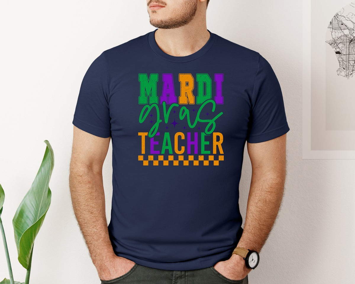 brand:Bella Canvas|color:Navy|Mardi Gras Mardi Gras Teacher 2 Graphic T-Shirt