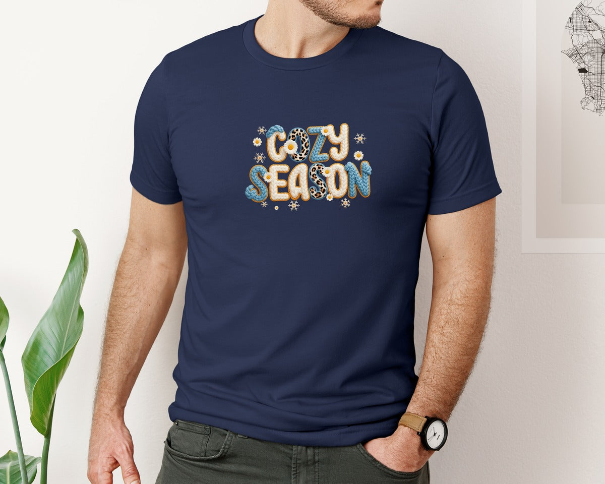 brand:Bella Canvas|color:Navy|Crochet Winter Cozy Season Snow Graphic T-Shirt