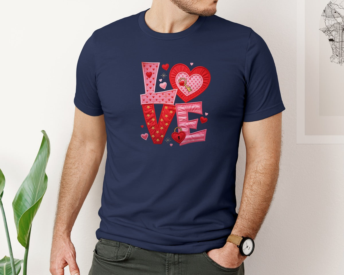 brand:Bella Canvas|color:Navy|Love Heart Faux Yarn Graphic T-Shirt
