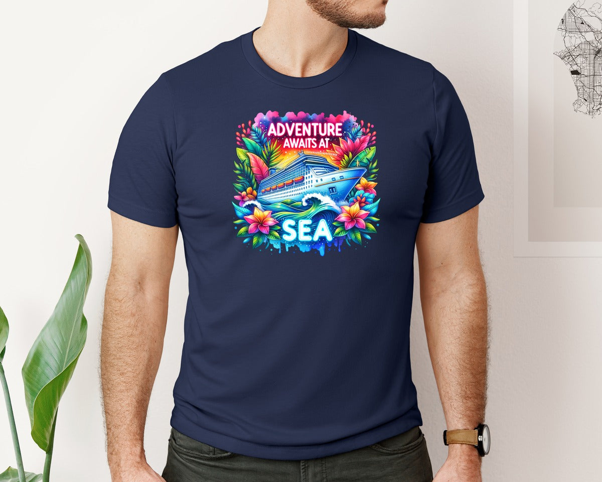 brand:Bella Canvas|color:Navy|Adventure Awaits At Sea Cruise Ship Graphic T-Shirt