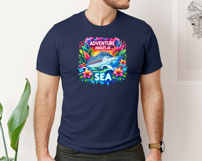 brand:Bella Canvas|color:Navy|Adventure Awaits At Sea Cruise Ship Graphic T-Shirt