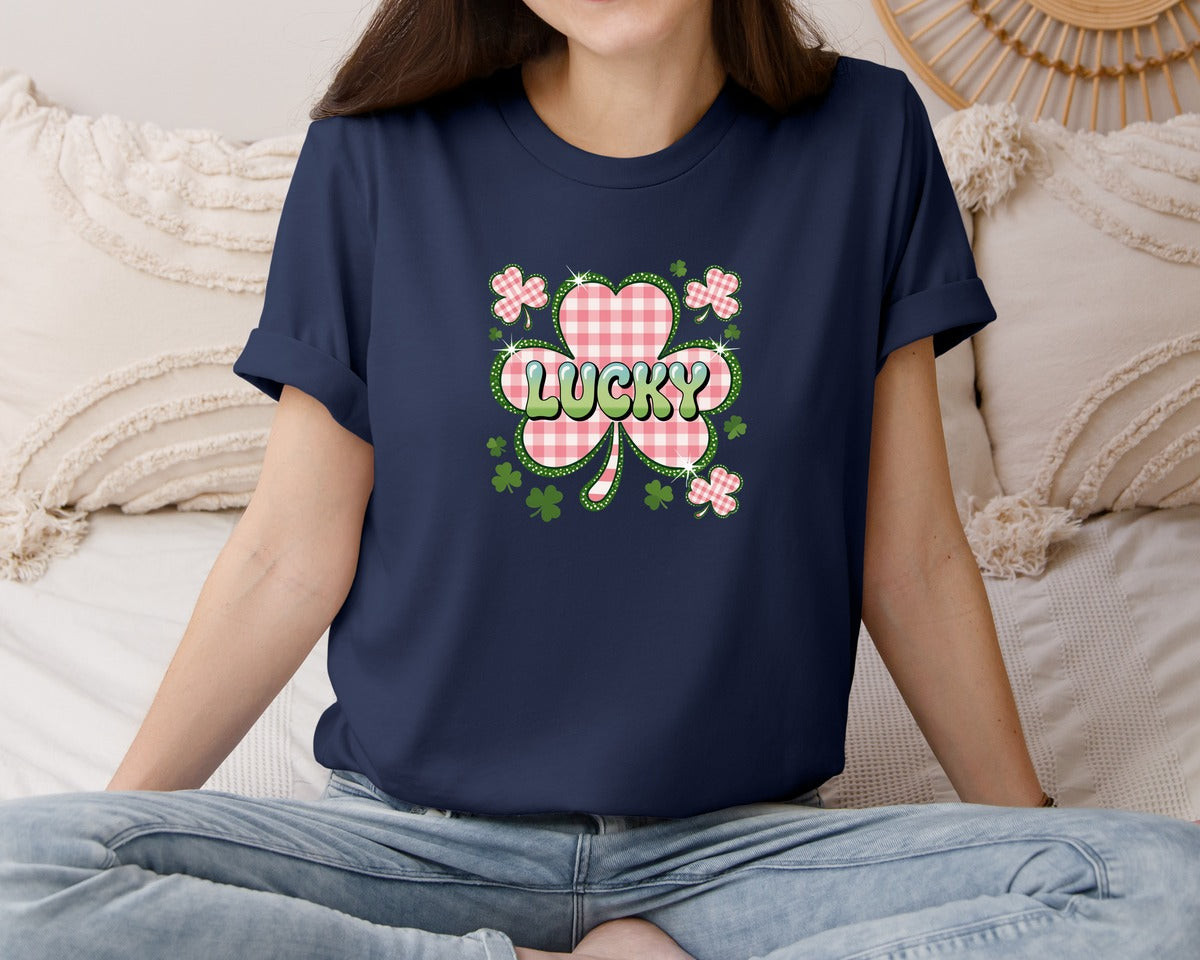 brand:Bella Canvas|color:Navy|Lucky Clover Bubble St Patricks Graphic T-Shirt