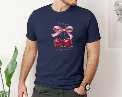 brand:Bella Canvas|color:Navy|Coquette Bow Cherry Valentines Day Graphic T-Shirt