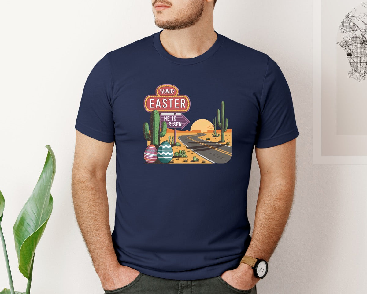 brand:Bella Canvas|color:Navy|Howdy Easter Western Desert Easter 3 Graphic T-Shirt