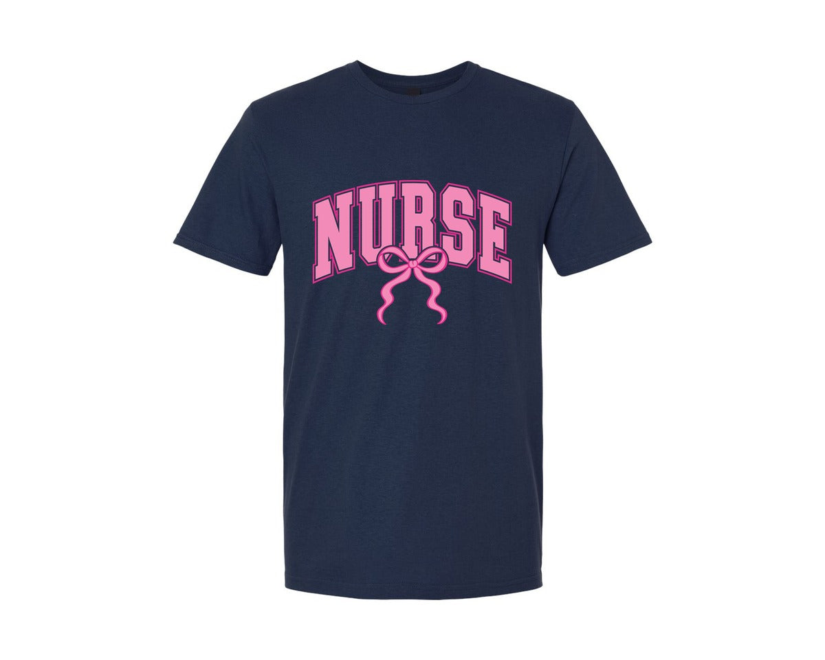 brand:Generic|color:Navy|Nurse Coquette Pink Bow Nursing Varsity Graphic T-Shirt