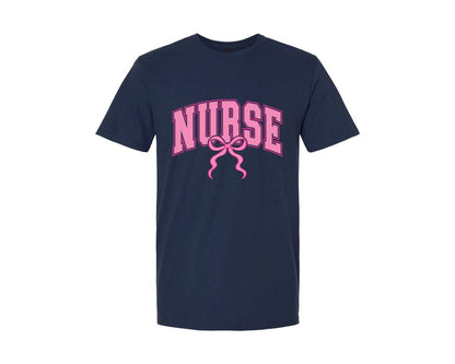 brand:Generic|color:Navy|Nurse Coquette Pink Bow Nursing Varsity Graphic T-Shirt