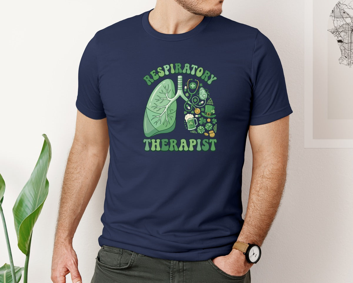 brand:Bella Canvas|color:Navy|Respiratory Therapist St Patricks Day 2 Graphic T-Shirt