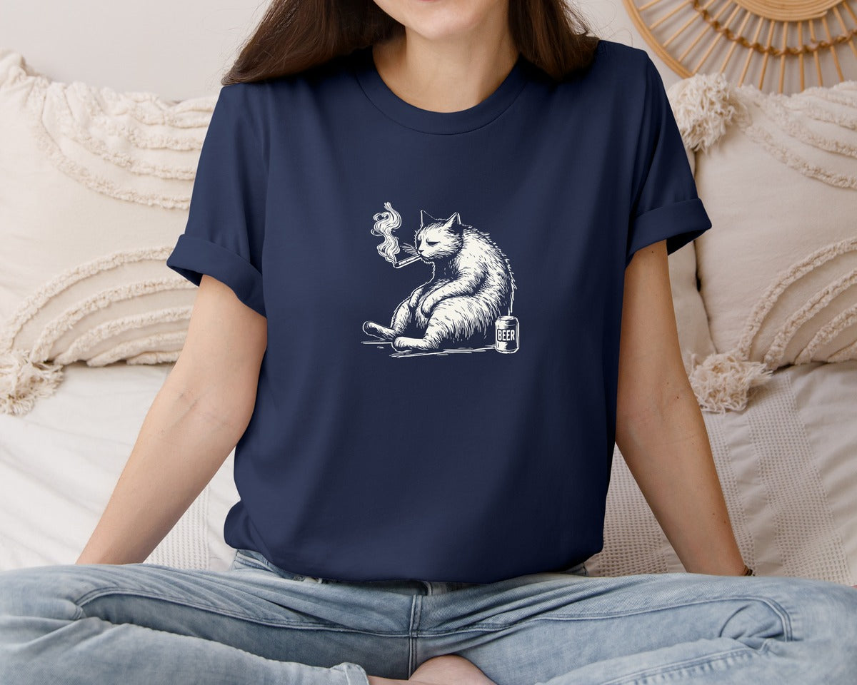brand:Bella Canvas|color:Navy|Smoking Cat And Beer Shirt Graphic T-Shirt