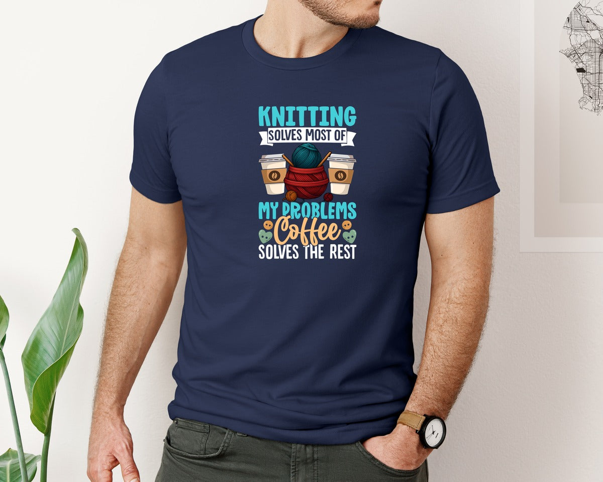 brand:Bella Canvas|color:Navy|Knitting And Coffee T Shirt Design 11 Graphic T-Shirt