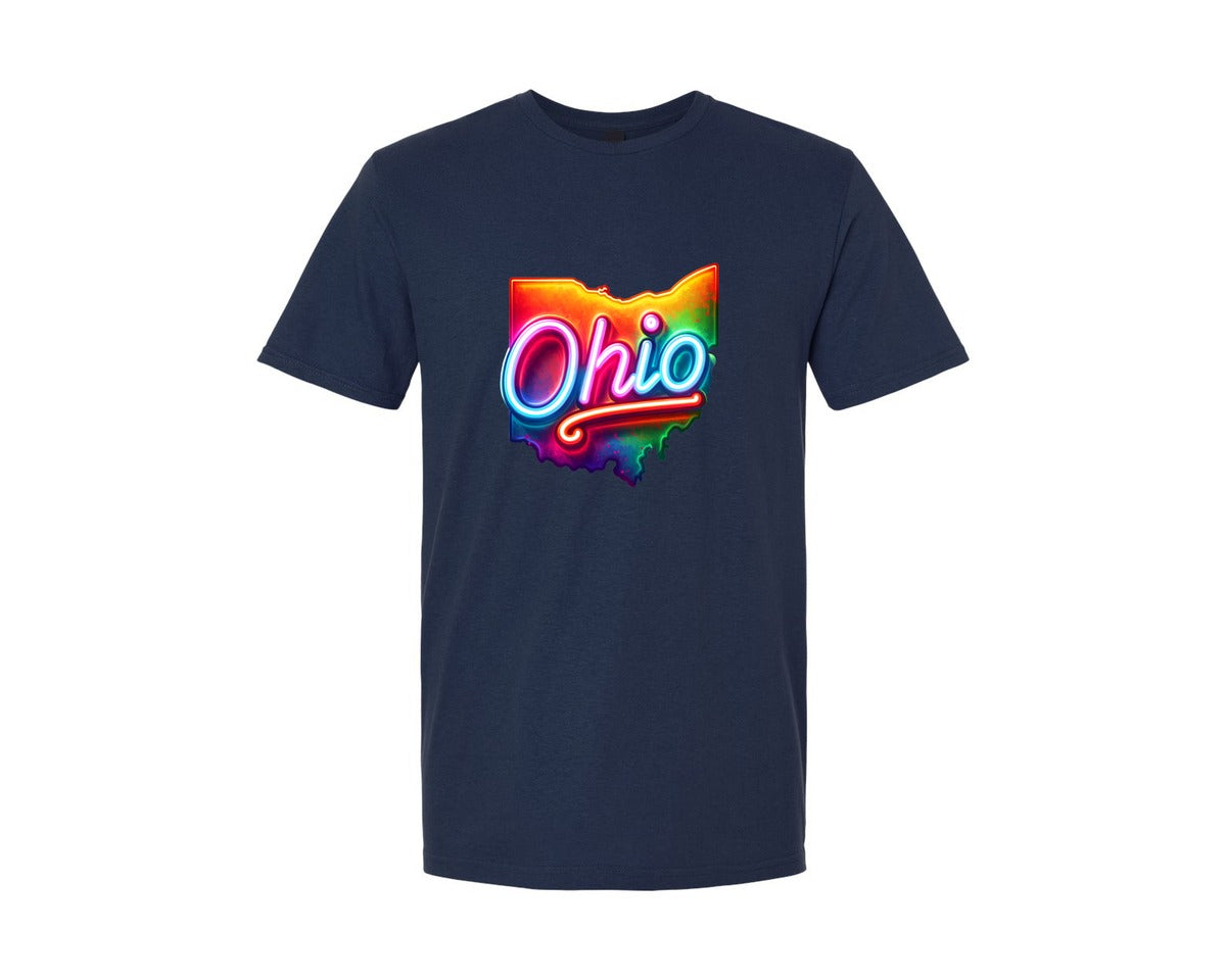 brand:Generic|color:Navy|Colorful Neon Ohio Map Graphic T-Shirt