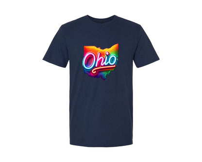brand:Generic|color:Navy|Colorful Neon Ohio Map Graphic T-Shirt