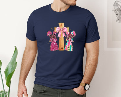 brand:Bella Canvas|color:Navy|Christian Easter Coquette Cross Graphic T-Shirt