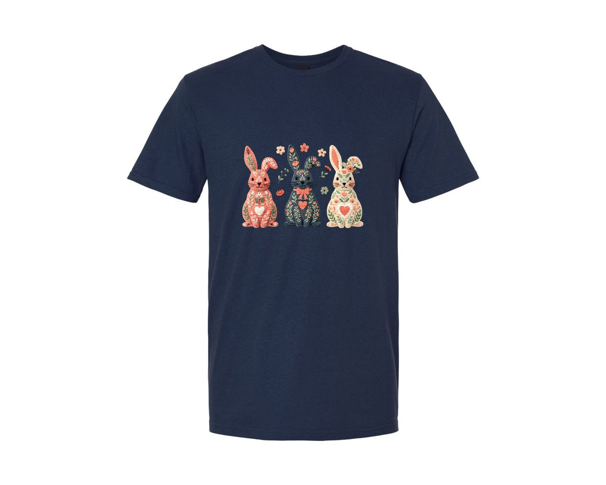 brand:Generic|color:Navy|Crochet Easter Bunny Floral Coquette Graphic T-Shirt