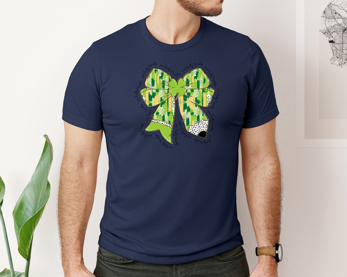 brand:Bella Canvas|color:Navy|Teacher St Patricks Day Coquette Bow 3 Graphic T-Shirt
