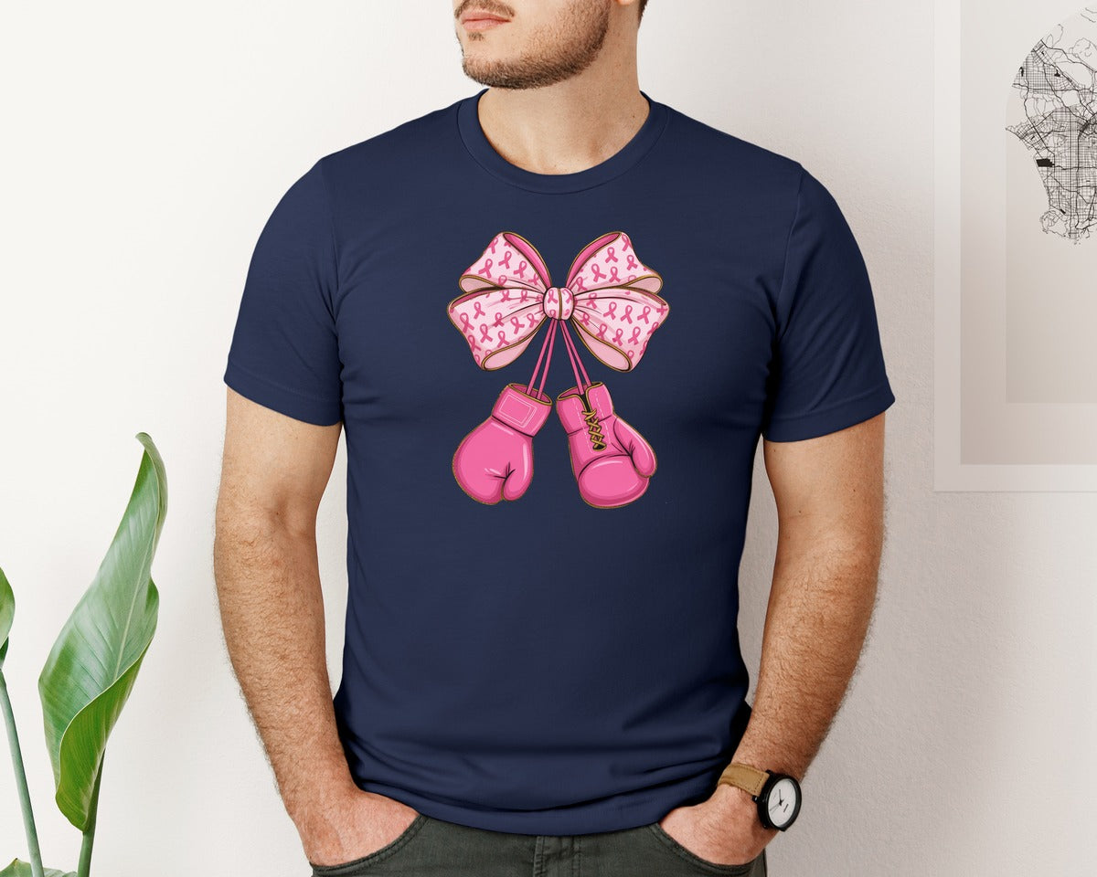 brand:Bella Canvas|color:Navy|Coquette Boxing Gloves Breast Cancer 3 Graphic T-Shirt