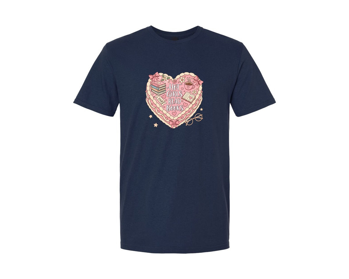 brand:Generic|color:Navy|Hot Girls Read Books Pink Heart Book Graphic T-Shirt