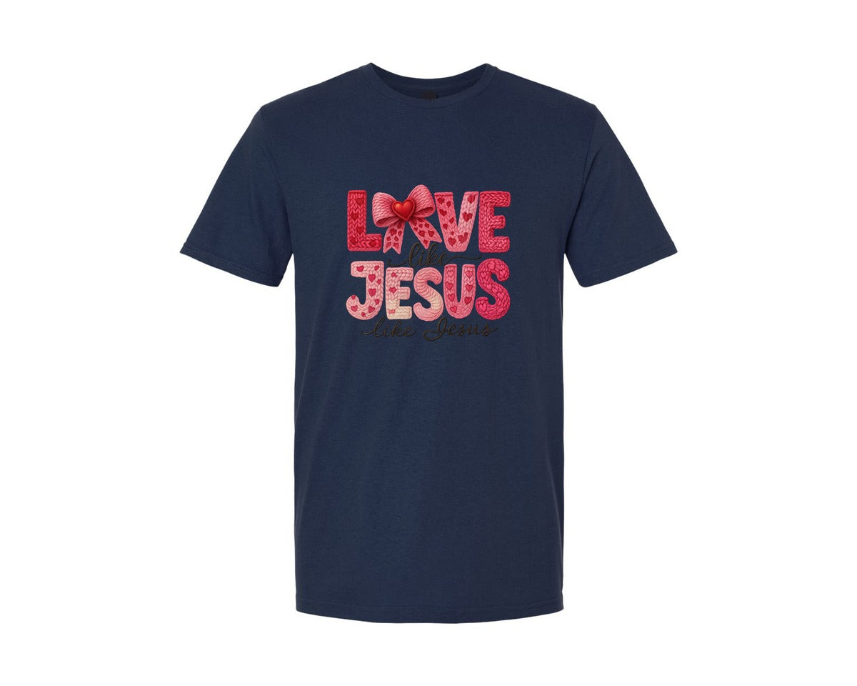 brand:Generic|color:Navy|Faux Crochet Valentines Christian Graphic T-Shirt