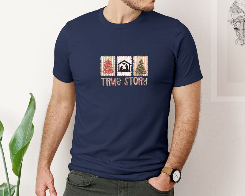 brand:Bella Canvas|color:Navy|True Story Christian Christmas Graphic T-Shirt